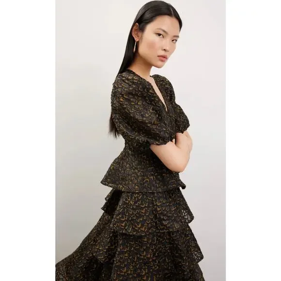 Marie Oliver Everly Embroidered Ruffle Organza Midi in Plume Dress Size 2